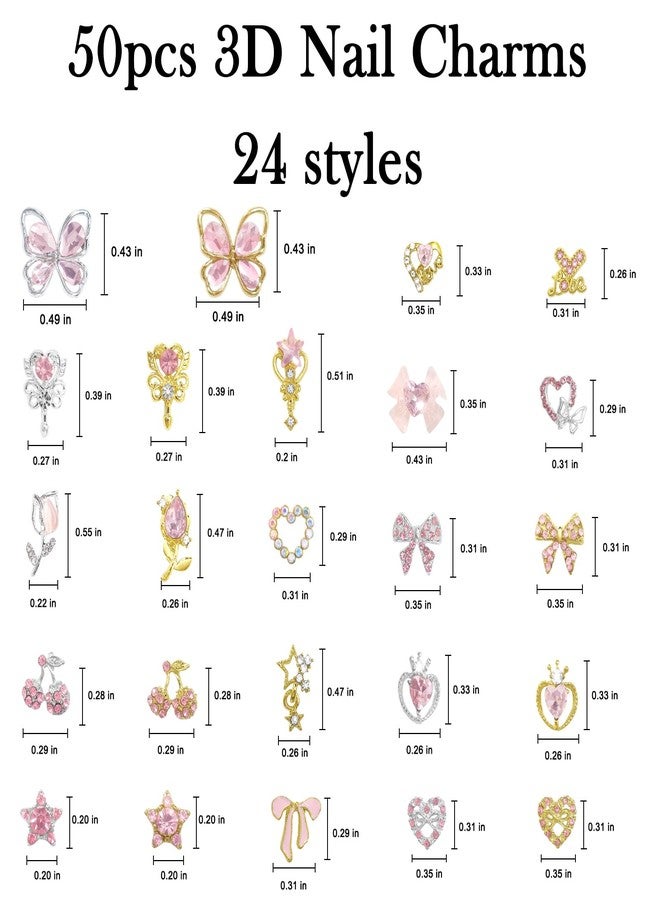 لازا مجموعة لازا من 50 قطعة من زينة الأظافر المصنوعة من سبيكة Y2k، تتضمن أحجار الراين ثلاثية الأبعاد على شكل قلب ونجمة وفراشة وزهور التوليب وقوس وردي كرزي، بالإضافة إلى إكسسوارات تزيين الأظافر بأحجار الراين الكريستالية اللامعة. - Image 3